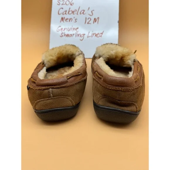Cabelas Mens 12 M Brown Suede Genuine Shearling Lined Moccasin Shoes Slippers - Picture 3 of 8